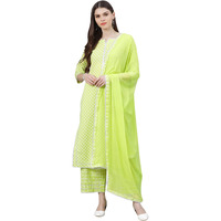 Amayra Women's Rayon Printed Straight Kurti & Palazzos With Dupatta Set(Green,S)