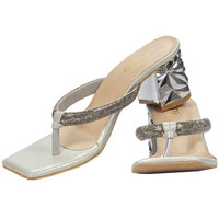 Chere Shiny Sequin Strap Diamond Cut Block Heels Sandal Silver 3