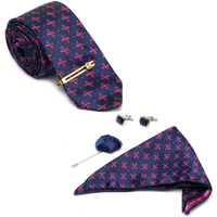 Louis Stitch Mens Indigo Blue Italian Silk Necktie Set Incl Pocket Square Cufflinks Golden Tiepin Brooch American Style Formal Tie Gift Set For Men (Tebu025Gp)