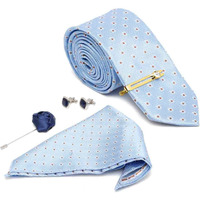 Louis Stitch Mens Baby Blue Italian Silk Necktie Set Incl Pocket Square Cufflinks Golden Tiepin Brooch American Style Formal Tie Gift Set For Men (Tebu027Gp)