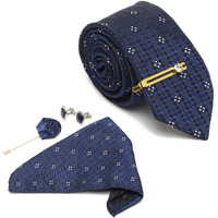 Louis Stitch Mens Denim Blue Italian Silk Necktie Set Incl Pocket Square Cufflinks Golden Tiepin Brooch American Style Formal Tie Gift Set For Men (Tebu029Gp)
