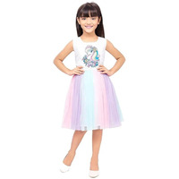 Doodle Unicorn Dress For Girls | Breathable Kids Frock & Dresses | Western Frocks With Waist Tie & Back Zip | Sleeveless & Knee Length (White With Rainbow Flare | 3 To 4 Years)