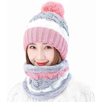 Alexvyan Twist Color Winter Very Soft Warm 1 Set Snow Proof Knitted Ball Cap (Inside Fur) Woolen Beanie Cap + Neck Muffler Scarf Set For Ladies Women Girl (Pink)