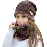 Alexvyan 150 Grams (2 Pcs - Cap And Scarf) - Imported Soft Warm Snow And Air Proof Fleece Knitted Cap (Inside Fur) Woolen Beanie Winter Cap With Scarf For Women Girl Ladies (Dark Brown)