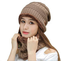 Alexvyan 150 Grams (2 Pcs - Cap And Scarf) - Imported Soft Warm Snow And Air Proof Fleece Knitted Cap (Inside Fur) Woolen Beanie Winter Cap With Scarf For Women Girl Ladies (Light Brown)