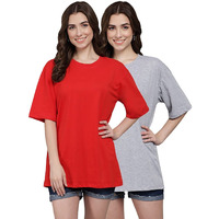 Funday Fashion Women Cotton Half Sleeve Oversized T-Shirt (Pack Of 2) (Xx-Large, Grey & Red)