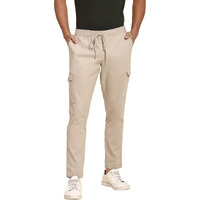 Dennis Lingo Men's Cotton Regular Fit Solid Stretchable Cargo Trousers, Casual Pants With Drawstring Waist (Beige, 32)