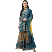 Fiorra Women's Mor Peach Pure Cotton Flared Kurta With Sharara And Dupatta Set0073-L