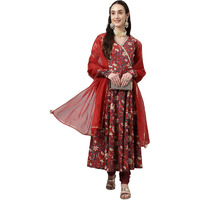 Fiorra Women's Red Rust Pure Cotton Flared Kurta With Pant And Dupatta Set0071