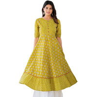 Yash Gallery Cotton Women's Mustard Floral Printed Anarkali Kurta For Women (1485Ykmustard, Mustard, Xl)