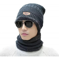 Glammore WomenS And MenS Woollen Beanie Cap With Neck Warmer. Knitted Cap With Fur Lining-MenS Woolen Cap With Neck Muffler -Grey