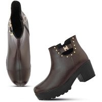 Xe Looks 100% Vegan Leather Women's Brown Chic Faux Leather Boots For Women | Zipper Detailing & Stud Accents | Stylish Chunky Heel Boots For Girls & Women