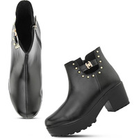 Xe Looks 100% Vegan Leather Women's Black Chic Faux Leather Boots For Women | Zipper Detailing & Stud Accents | Stylish Chunky Heel Boots For Girls & Women