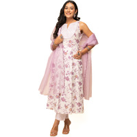 Fiorra Women's White Cotton A-Line Kurta With Pant And Dupatta Set0128