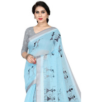 Mirchi Fashion Women's Cotton Blend Tribal Art Warli Printed Designer Saree With Blouse Piece (Sky Blue)