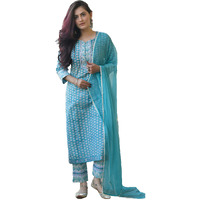 Arayna Women's Cotton Printed Straight Kurti Palazzo Pants Set With Dupatta (Medium) Blue