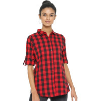 Vastraa Fusion Women's Cotton Checkered Shirt (Ts0931-S_Red-Black_S)