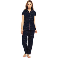 Zeyo Women's Cotton Tringle Printed Navy Blue (Pink Piping) Pajama Set/ Night Suit Set Of Shirt & Pyjama 5054