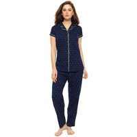 Zeyo Women's Cotton Tringle Printed Navy Blue (Green Piping) Night Suit Set Of Shirt & Pyjama 5054