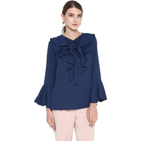 Indietoga Women's Blue Solid Ruffled Georgette Tops (Bell Sleeves X-Large)