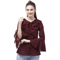Indietoga Women's Georgette Casual Ruffled Neck Tops (10001232_Maroon Solid_Large)