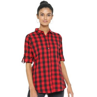 Vastraa Fusion Women's Cotton Checkered Shirt (Ts0931-L_Red-Black_L)