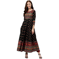 Kipek Women's Black Block Print Anarkali Kutra - Cotton Fabric, 3/4 Sleeves, Round Neck And Ankle Length.
