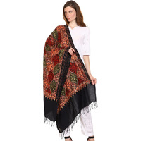 Weavers Villa Women's Wool Blend Full Embroidery Matka Shawls, Stoles (Black)