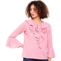Indietoga Women's Pink Solid Ruffled Georgette Tops (Bell Sleeves X-Small)