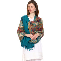 Weavers Villa Women's Wool Blend Full Embroidery Matka Shawls, Stoles (New Green), 75Cm X 200Cm