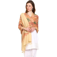 Weavers Villa Women's Wool Blend Full Embroidery Matka Shawls, Stoles (Beige), 75Cm X 200Cm