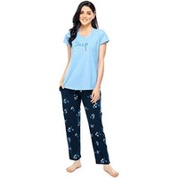 Zeyo Women's Cotton Floral Printed Blue Night Suit Set Of Top & Pyjama 5310, Large