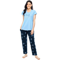 Zeyo Women's Cotton Floral Printed Blue Night Suit Set Of Top & Pyjama 5310, Small
