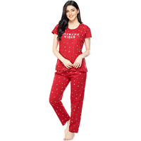 Zeyo Women's Cotton Printed Red Pajama Set Night Suit Set Of Top & Pyjama 5304, Medium