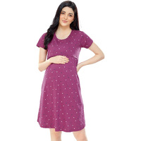 Zeyo Women's Cotton All Over Print Knee Length Maternity Nighty (Zfeeds-5355-Wn-Xl_Plum Red_Xl)