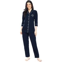 Zeyo Women's Cotton Solid Plain Navy Blue Night Suit Set Of Pajama Set, X-Large