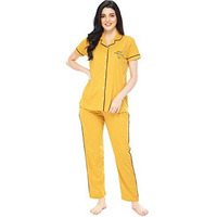 Zeyo Women's Cotton Solid Plain Yellow Pajama Set Night Suit Set Of Shirt & Pyjama 5238, Medium