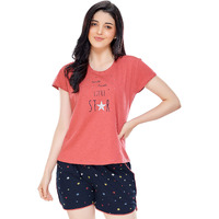 Zeyo Women's Cotton Star Printed Peach & Navy Blue Pajama Set Night Suit Set Of Top & Shorts 5231, X-Large
