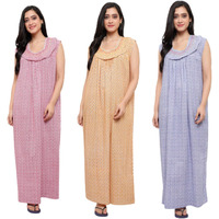 Cierge Women's Cotton All Over Print Maxi Sleeveless Smoking Nighty (Free Size; Pack Of 3) Multicolour