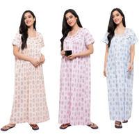 Cierge Women's Cotton Printed Maxi Smoking Zip Nighty (Free Size; Pack Of 3) Multicolour