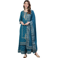 Ishin Women's Cotton Embroidered A-Line Kurta Suit Set With Dupatta & Sharara Xykplpmmp-3017D_Xxl_Teal