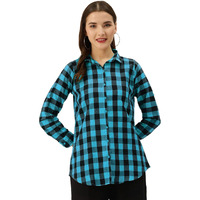 Vastraa Fusion Women's Cotton Regular Check Shirt/Top (Sky Blue & Black, Size - Xxl)