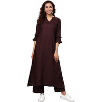 Idalia Maroon Rayon Solid Straight Kurta Set For Women 3/4 Sleeve, Round V Neck Designer Kurta With Pant