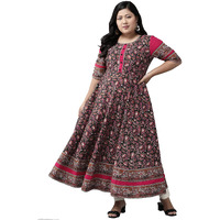 Yash Gallery Women's Plus Size Cotton Floral Printed Anarkali Kurta For Women (1262Ykblack_Black_Xx-Large)