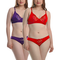 Fims - Fashion Is My Style Soft Cotton Blend Bra Panty Set For Women, Non-Padded, Non-Wired, Seamed, Floral Print, Full Coverage, Lingerie Set, Red Purple, Cup-B, Pack Of 2, Size-30