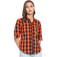 Vastraa Fusion Women's Cotton Regular Check Shirt/Top (Orange & Black, Size - S)