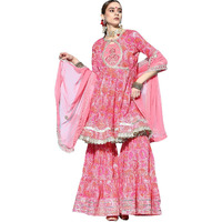 Ishin Women's Cotton Anarkali Embroidered Gotta Patti Kurta Suit Set With Dupatta & Sharara Kpldyt-20012_M_Pink