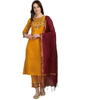 Vredevogel Cotton Blend Embroidery Straight Kurta Pant & Chanderi Dupatta Set For Women, Yellow, Small