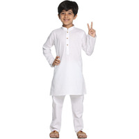 Vastramay Boys' Cotton Solid Color Kurta With Full Sleeves, Mandarin Collar & Wooden Buttons  White Elasticated Waist Pyjama Set For Eid/Holi