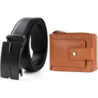 Contacts Men Leather Auto Lock Buckle Belt And Rfid Protected Genuine Leather Wallet Combo Black03 & N87Beige